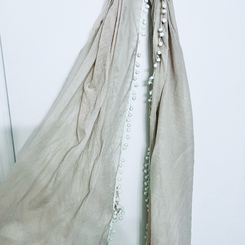Beige Scarf with Pom Pom Trim